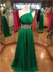 Designer One Shoulder Backless Chiffon Sleeveless With Train Prom Dress Brush Train and Beading