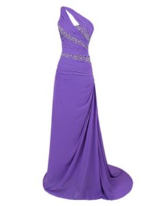 Purple Chiffon Zipper One Shoulder Sleeveless Brush Train Beading