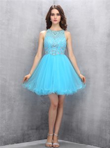 Baby Blue A-line Scoop Sleeveless Organza Knee Length Zipper Beading Evening Dress