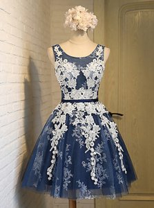 Scoop Knee Length Navy Blue Prom Evening Gown Organza Sleeveless Appliques