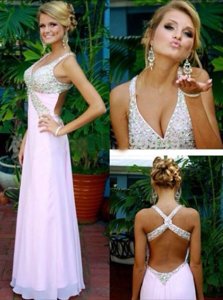 Glittering Pink Chiffon Criss Cross Prom Dresses Sleeveless Floor Length Beading