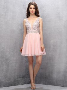 Sleeveless Chiffon Knee Length Zipper Prom Evening Gown in Baby Pink for with Beading