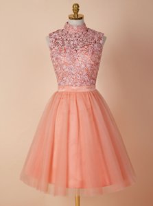 Dazzling Peach Prom Evening Gown Prom and For with Appliques High-neck Sleeveless Backless