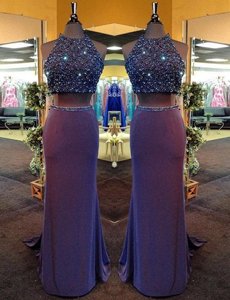 Custom Fit Purple Prom and Party and For with Beading High-neck Sleeveless Criss Cross
