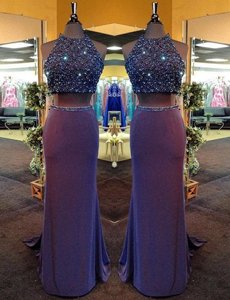Custom Fit Purple Prom and Party and For with Beading High-neck Sleeveless Criss Cross