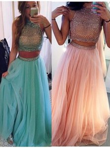 Mermaid Sleeveless Sequined Floor Length Zipper Prom Dresses in Champagne for with Sequins