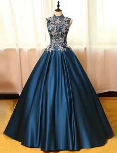 Fashionable Backless Navy Blue Sleeveless Appliques Floor Length Prom Gown