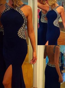 Mermaid Navy Blue V-neck Backless Beading Evening Dress Court Train Sleeveless