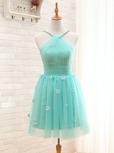 Elegant Aqua Blue Tulle Lace Up Straps Sleeveless Mini Length Hand Made Flower