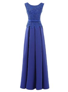 Scoop Floor Length Blue Prom Dress Satin Sleeveless Lace and Belt