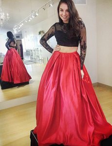 Suitable Red Backless Prom Dresses Lace Long Sleeves Floor Length