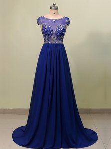 Admirable Royal Blue Chiffon Zipper Scoop Cap Sleeves With Train Homecoming Dress Brush Train Beading