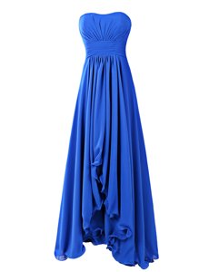 High Class Strapless Sleeveless Prom Gown Floor Length Ruffles Royal Blue Chiffon