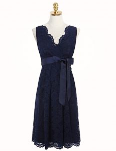 Beauteous Navy Blue Zipper V-neck Sashes|ribbons and Bowknot Prom Party Dress Lace Sleeveless