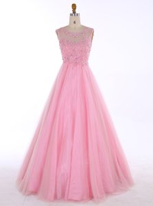 Admirable Backless Scoop Sleeveless Prom Dresses Floor Length Beading and Appliques Baby Pink Satin