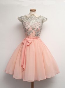 Custom Designed Scalloped Peach Cap Sleeves Knee Length Appliques Zipper Prom Dress