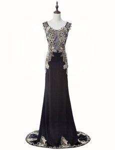 Lovely Black Mermaid Scoop Sleeveless Chiffon Brush Train Zipper Beading and Appliques Prom Party Dress