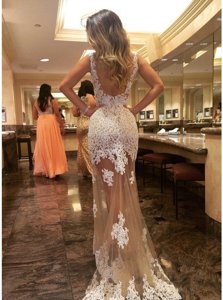 Deluxe Mermaid Champagne Prom Gown Prom and Party and For with Appliques Scoop Sleeveless Court Train Backless
