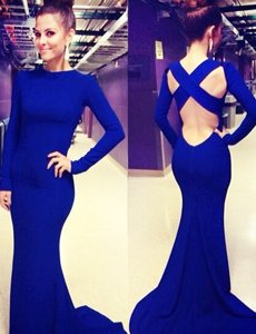 Royal Blue Mermaid Scoop Long Sleeves Elastic Woven Satin Brush Train Criss Cross Ruching Prom Party Dress