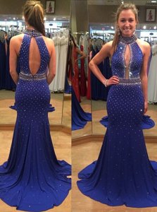 Dazzling Mermaid Royal Blue Backless High-neck Sequins Prom Party Dress Chiffon Sleeveless Court Train