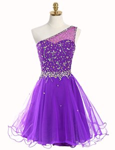Mini Length Purple Prom Gown One Shoulder Sleeveless Zipper