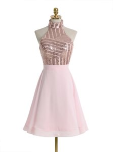 Chic Sequins A-line Prom Evening Gown Baby Pink Halter Top Chiffon Sleeveless Knee Length Backless