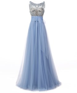 Fashion Scoop Blue Tulle Backless Homecoming Dress Sleeveless Floor Length Beading and Bowknot