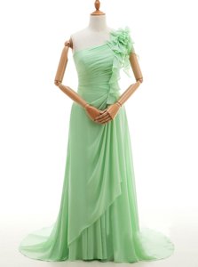 One Shoulder With Train A-line Sleeveless Green Prom Dresses Sweep Train Lace Up