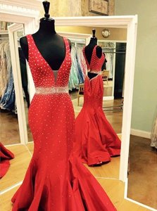 Mermaid V-neck Sleeveless Prom Dress Sweep Train Beading Red Satin