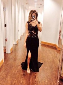 Mermaid Scoop Black Zipper Homecoming Dress Appliques Sleeveless Brush Train