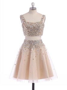 Wonderful Blue A-line High-neck Sleeveless Chiffon Mini Length Zipper Beading Evening Dress