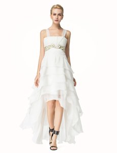 Fancy White A-line Straps Sleeveless Organza High Low Lace Up Beading Evening Dress