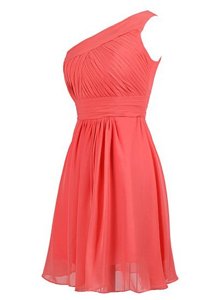 Chiffon One Shoulder Sleeveless Zipper Ruffles Prom Party Dress in Watermelon Red