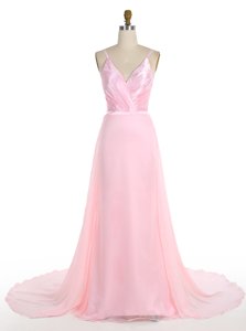 Discount Mermaid Ruffles Prom Party Dress Pink Zipper Sleeveless With Train Sweep Train