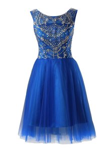 Great Scoop Beading Prom Dresses Royal Blue Zipper Sleeveless Mini Length