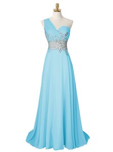 One Shoulder Sleeveless Brush Train Side Zipper Dress for Prom Aqua Blue Chiffon