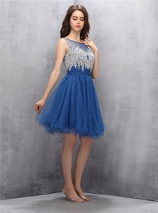 Graceful Scoop Knee Length A-line Sleeveless Navy Blue Prom Party Dress Zipper