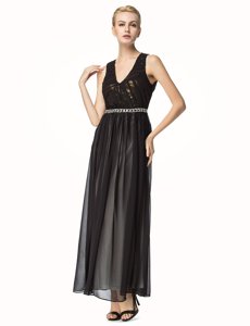 Eye-catching Ankle Length Backless Prom Gown Black and In for Prom and Party with Beading and Pleated