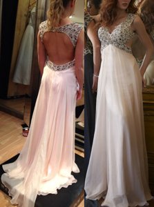 Wonderful Pink Dress for Prom V-neck Sleeveless Brush Train Backless