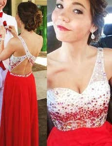 One Shoulder Sleeveless Backless Prom Gown Red Chiffon