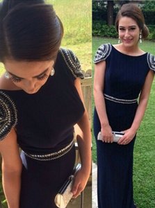 Custom Design Cap Sleeves Beading Zipper Prom Dress with Navy Blue Brush Train