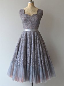 Customized Grey A-line Square Sleeveless Lace Knee Length Zipper Belt Prom Party Dress