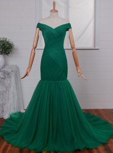 Dynamic Mermaid Tulle Off The Shoulder Sleeveless Court Train Zipper Ruching Prom Party Dress in Green