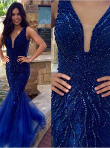 Mermaid Royal Blue Zipper V-neck Sequins Homecoming Dress Tulle Sleeveless