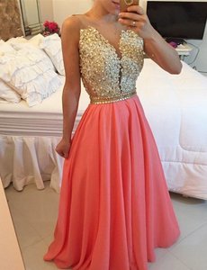 Beauteous V-neck Sleeveless Backless Prom Dresses Watermelon Red Chiffon