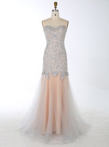 High Class Mermaid Champagne Zipper Prom Evening Gown Beading Sleeveless With Brush Train