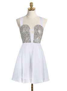 White Straps Neckline Sequins Prom Party Dress Sleeveless Criss Cross