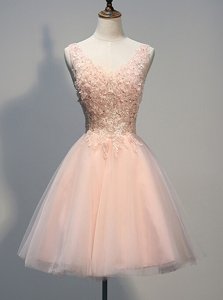 Trendy Peach Sleeveless Beading and Appliques Knee Length Prom Evening Gown