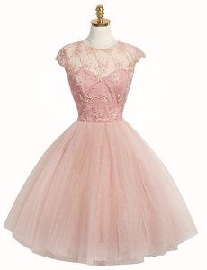 Cute A-line Homecoming Dress Pink Scoop Tulle Cap Sleeves Knee Length Zipper