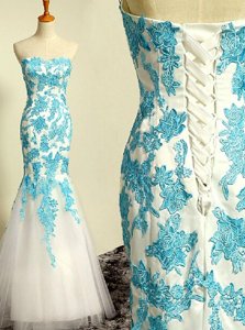 Unique Mermaid Prom Evening Gown Blue and Blue And White Sweetheart Tulle Sleeveless Floor Length Lace Up